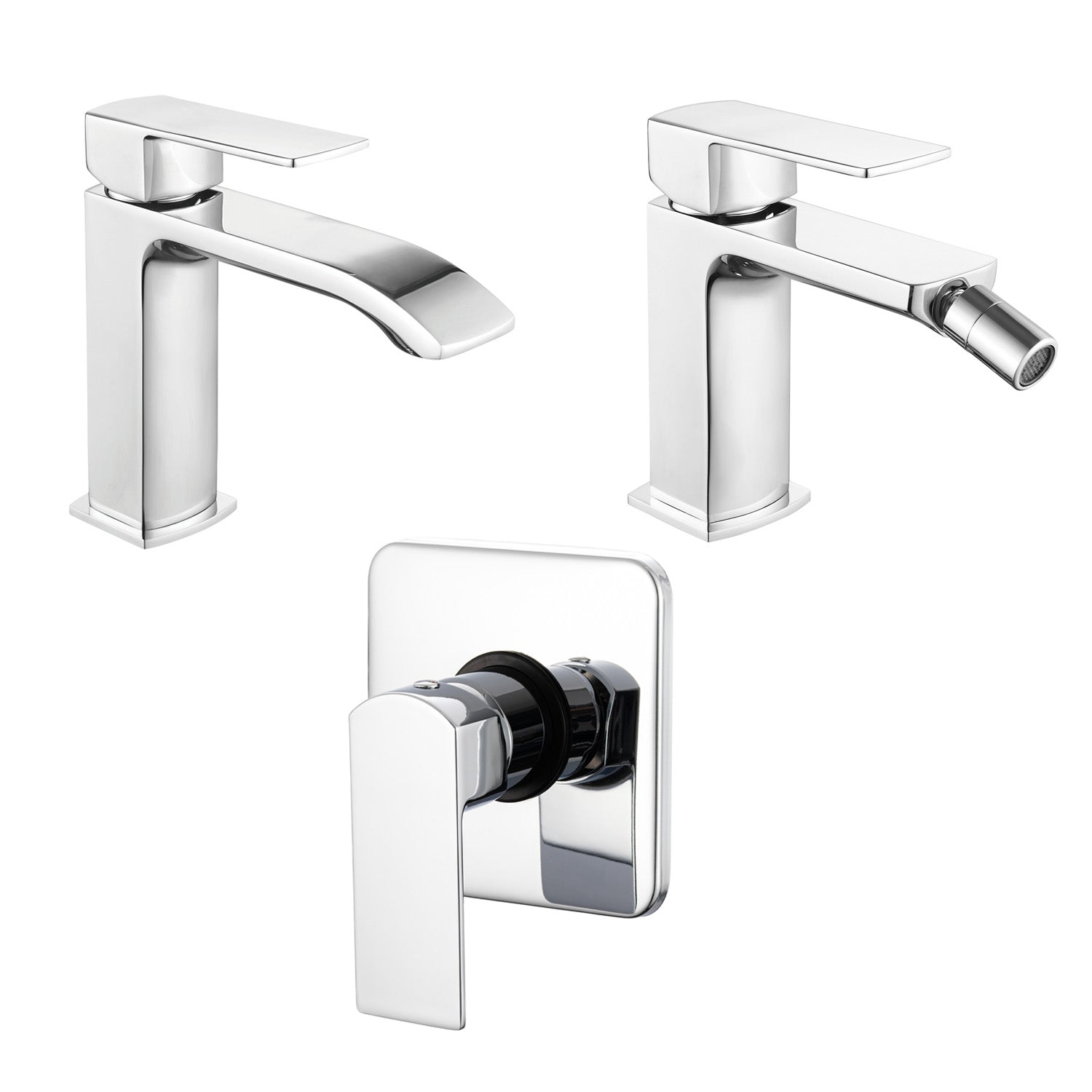 Composizione di miscelatori per lavabo, bidet e doccia a una via serie Fire in ottone cromato by CeramicStore | Lo specialista del tuo bagno