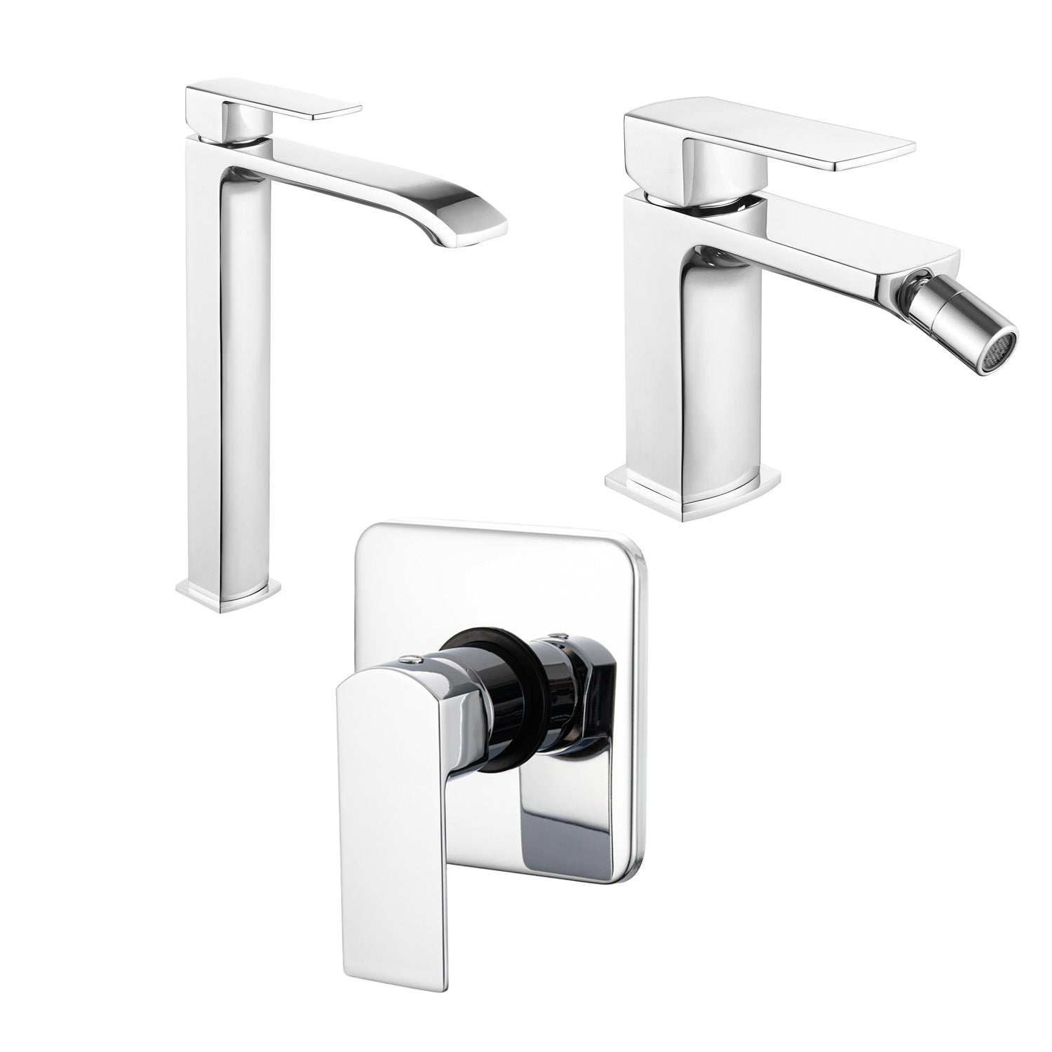 Composizione di miscelatori per lavabo alto, bidet e doccia a una via serie Fire in ottone cromato by CeramicStore | Lo specialista del tuo bagno