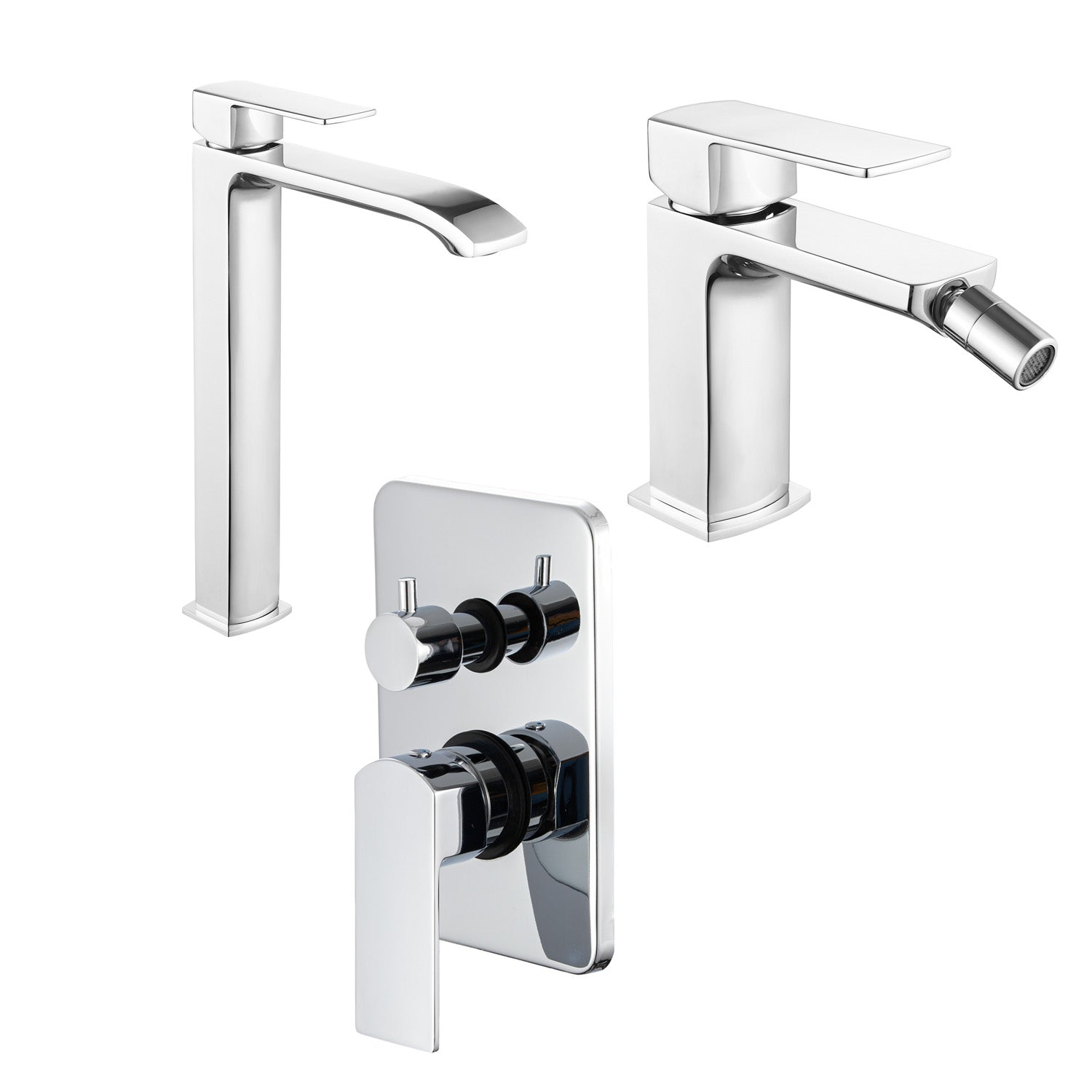 Composizione di miscelatori per lavabo alto, bidet e doccia 3 vie serie Fire in ottone cromato by CeramicStore | Lo specialista del tuo bagno