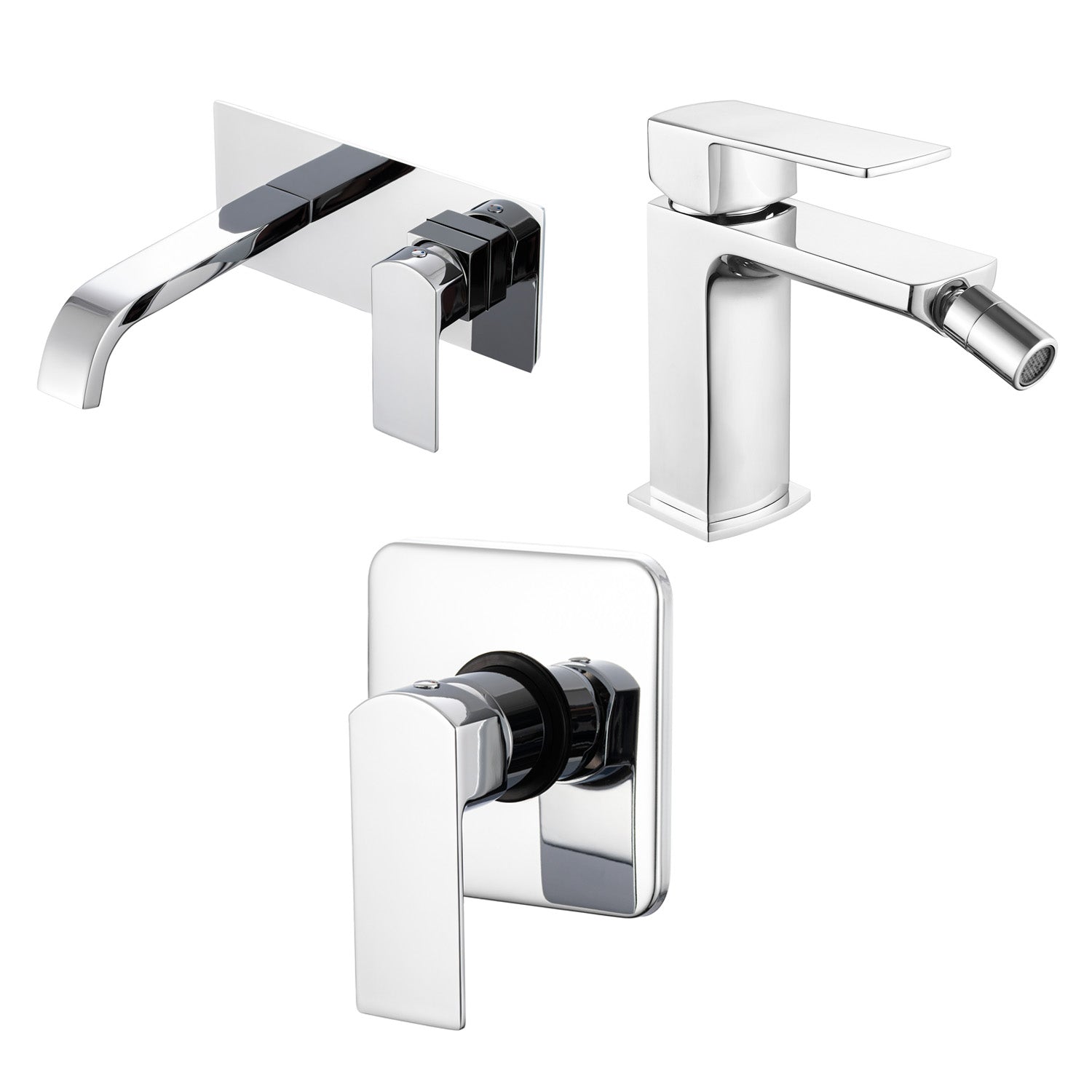 Composizione di miscelatori per lavabo incasso, bidet e doccia a una via serie Fire in ottone cromato by CeramicStore | Lo specialista del tuo bagno