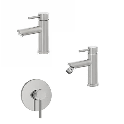 Kit miscelatore lavabo + bidet + doccia a una via RubiFlux serie Paris Modello Gris con piletta clic-clac Acciaio Inox - Spazzolato
