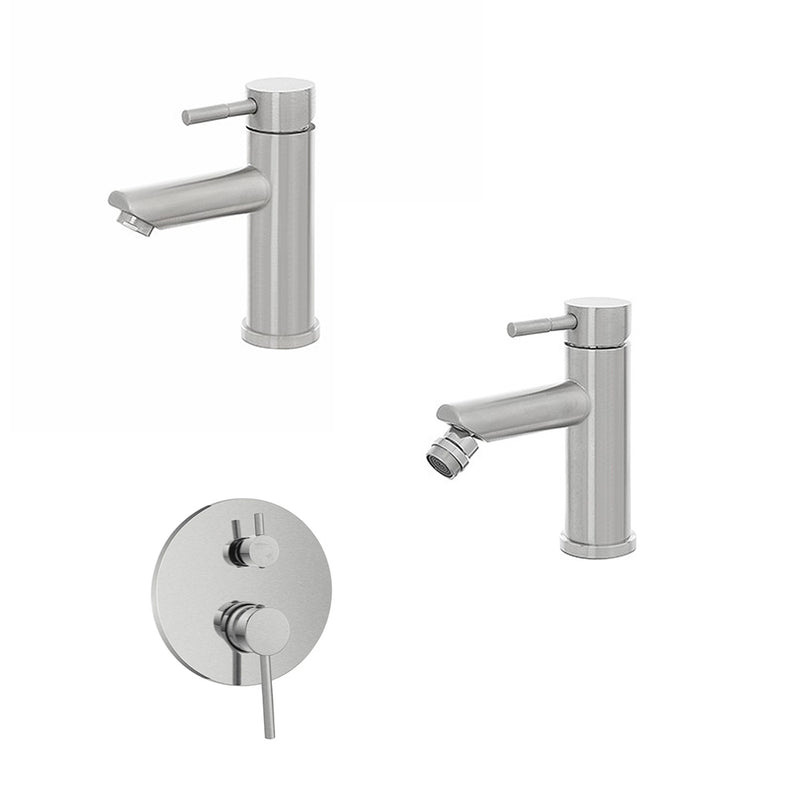 Kit miscelatore lavabo + bidet + doccia a due vie RubiFlux serie Paris Modello Gris con piletta clic-clac in acciaio inox - Spazzolato