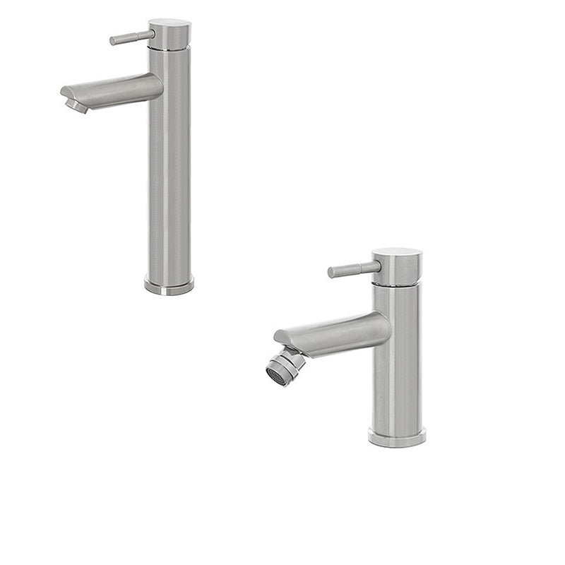 Kit miscelatore lavabo alto + bidet  RubiFlux serie Paris Modello Gris in acciaio inox, con piletta clic-clac - Spazzolato