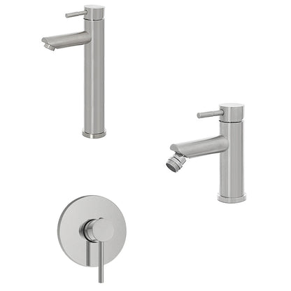 Kit miscelatore lavabo alto + bidet + doccia a una via RubiFlux serie Paris Modello Gris con piletta clic-clac Acciaio Inox - Spazzolato
