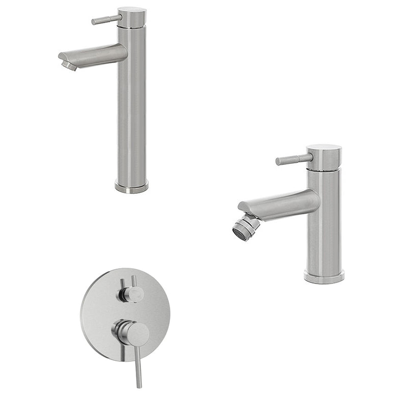 Kit miscelatore lavabo alto + bidet + doccia a due vie RubiFlux serie Paris Modello Gris con piletta clic-clac in acciaio inox - Spazzolato