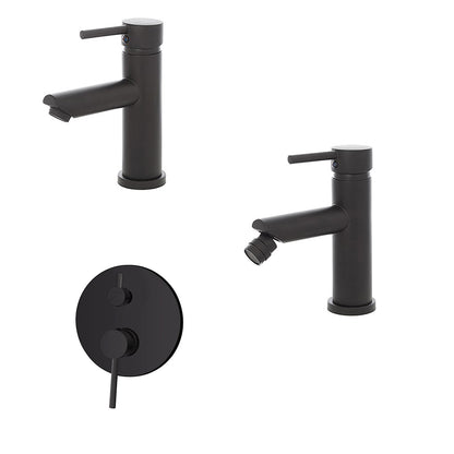 Kit miscelatore lavabo + bidet + doccia a due vie RubiFlux serie Paris Modello Noir con piletta clic-clac - Nero Opaco