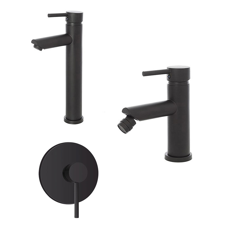 Kit miscelatore lavabo alto + bidet + doccia a una via RubiFlux serie Paris Modello Noir con piletta clic-clac - Nero Opaco