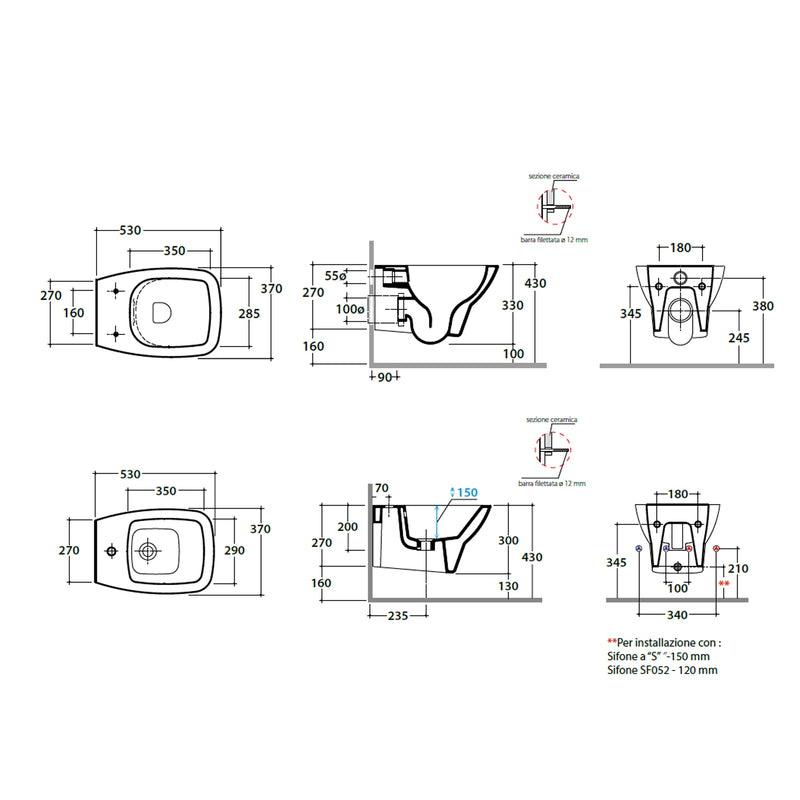 Sanitari sospesi senza brida Globo serie Daily 53x37xH33 cm con copriwater incluso - Bianco Lucido