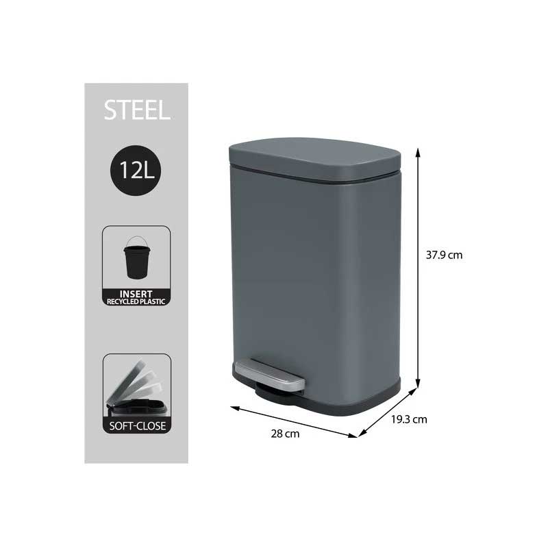 Pattumiera da Cucina a pedale da 12 litri realizzata in acciaio verniciato grigio con chiusura soft