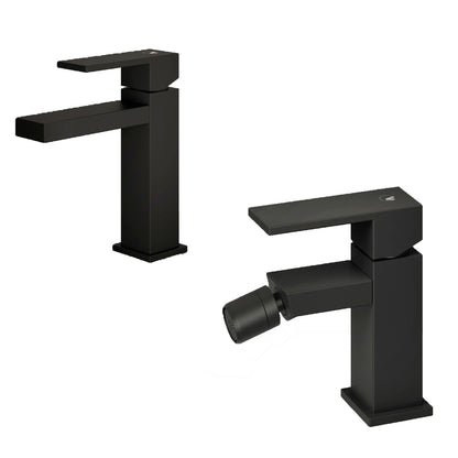 Set di miscelatori da bagno lavabo e bidet di colore nero RubiFlux Square Carbon con piletta clic clac by CeramicStore | Lo specialista del tuo bagno