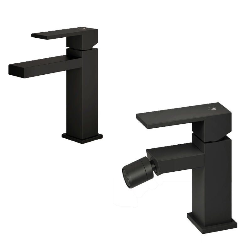 Set di miscelatori da bagno lavabo e bidet di colore nero RubiFlux Square Carbon con piletta clic clac by CeramicStore | Lo specialista del tuo bagno