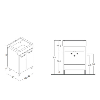 Mobile lavatoio 2 ante in materiale melaminico con lavabo in ceramica e piedini abs cromati. Variante Bianco Classico Misure cm 60x51 by CeramicStore | Lo specialista del tuo bagno
