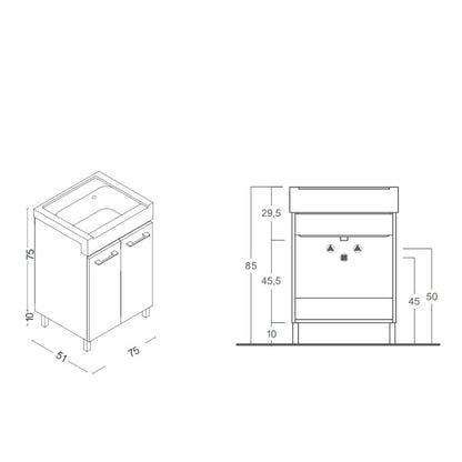 Mobile lavatoio 2 ante in materiale melaminico con lavabo in ceramica e piedini abs cromati. Variante Bianco Classico Misure cm 75x51 by CeramicStore | Lo specialista del tuo bagno