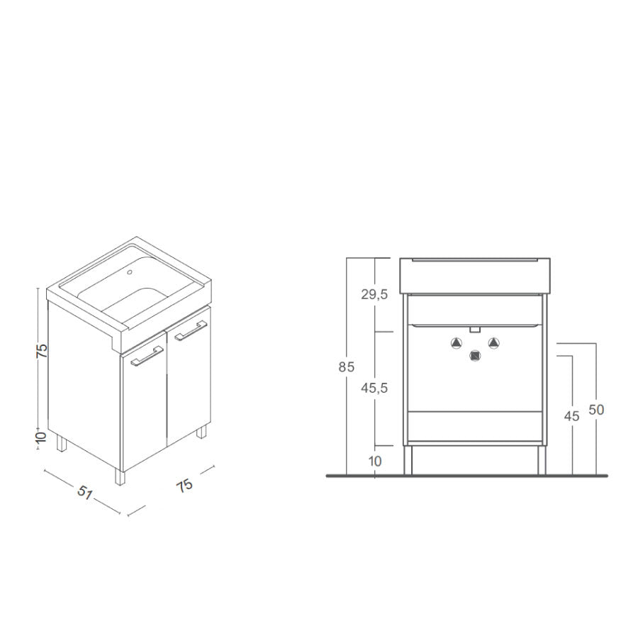 Mobile lavatoio 2 ante in materiale melaminico con lavabo in ceramica e piedini abs cromati. Variante Bianco Classico Misure cm 75x51 by CeramicStore | Lo specialista del tuo bagno