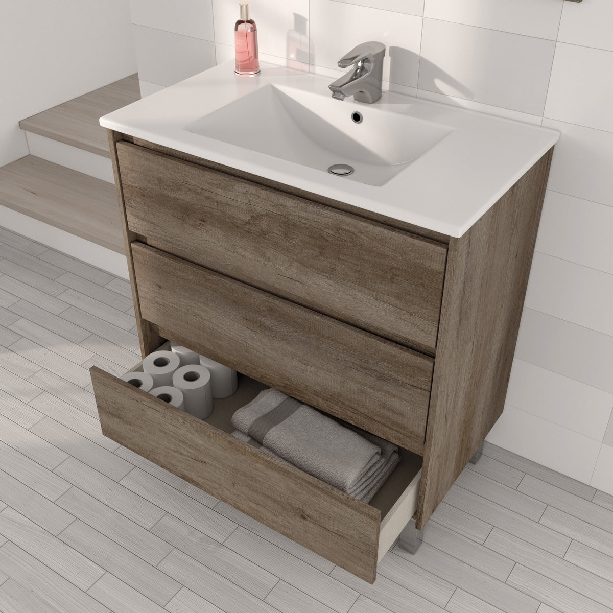 Mobile bagno Shibumi in melaminico 3 cassetti con lavabo e specchio by CeramicStore | Lo specialista del tuo bagno