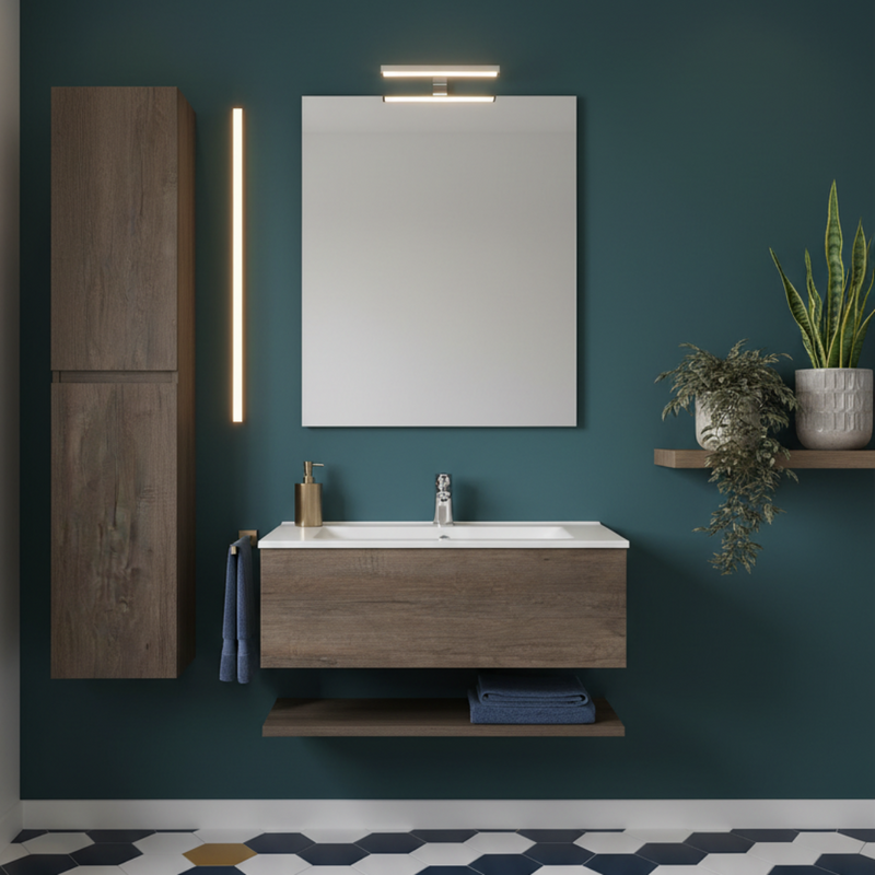 Hängeschrank für Badezimmer in beschichtetem Holz Only mit 1 Schublade, Keramikplatte und Spiegel. Farbe Natur-Erle