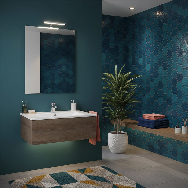 Mueble de baño suspendido Only en nobilitado con 1 cajón, encimera de cerámica y espejo. Color Olmo natural