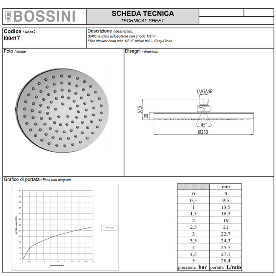 Soffione doccia in ABS diam. Cm 20 Bossini Elios a un getto con kit duplex doccia Zen con flessibile in ottone doppia aggraffatura by CeramicStore | Lo specialista del tuo bagno