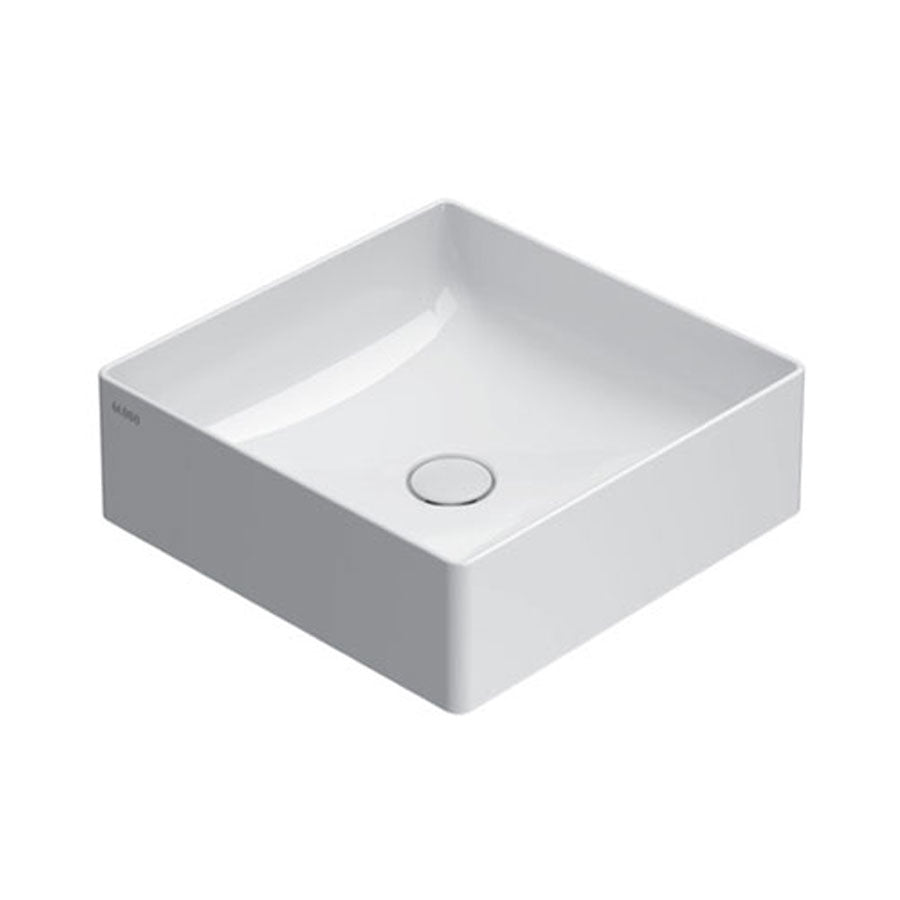 Lavabo quadrato cm 42x42x16h. Installazione da appoggio. In ceramica bianca 