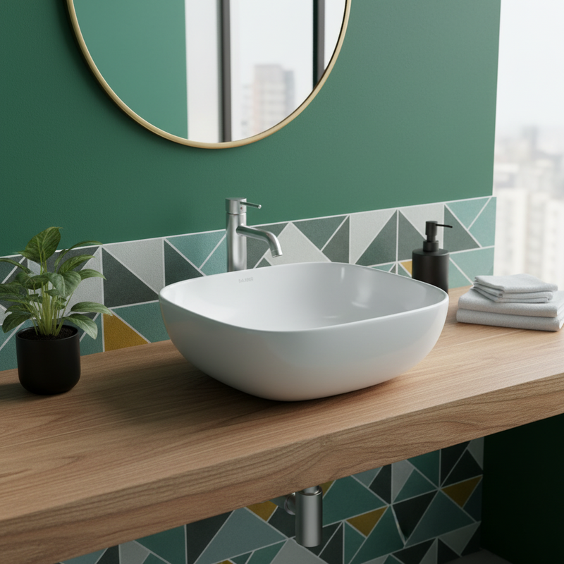 Square sink with rounded corners cm 42x42x16h. Countertop installation. In white ceramic