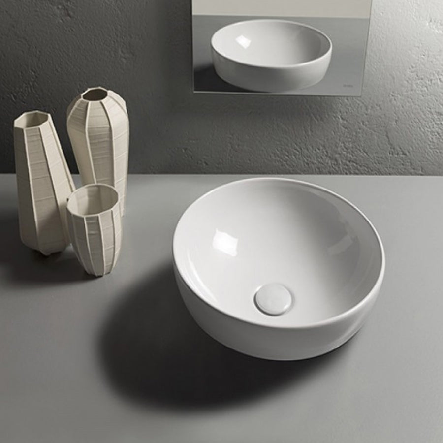 Lavabo tondo diametro 30 cm altezza cm 16. Installazione da appoggio. In ceramica bianca 