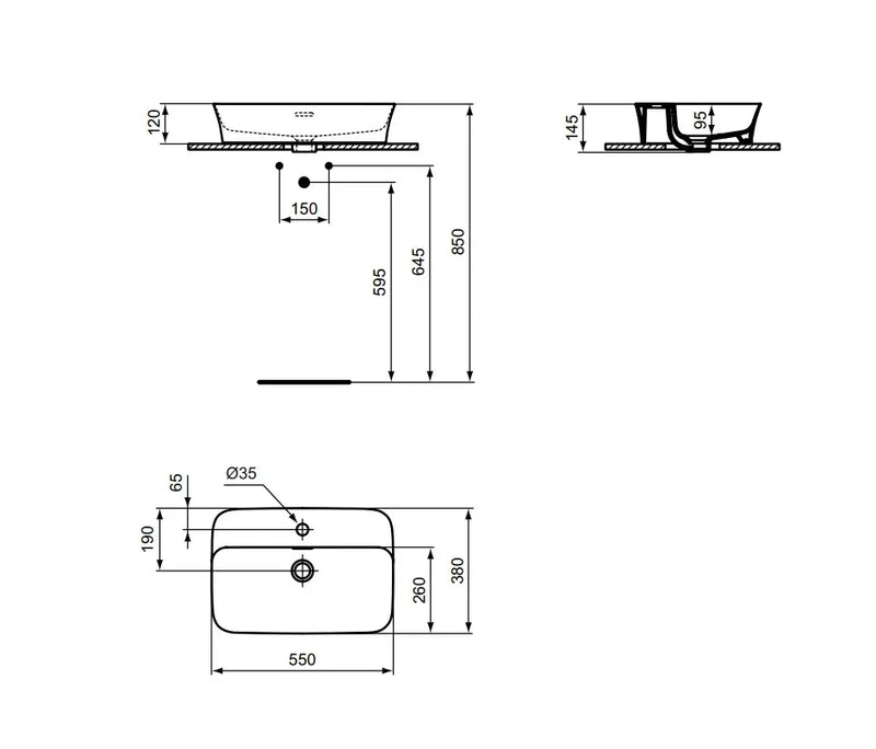 Lavabo da appoggio rettangolare 55x38 cm con foro rubinetto e troppo pieno Ideal Standard Ipalyss E207701
