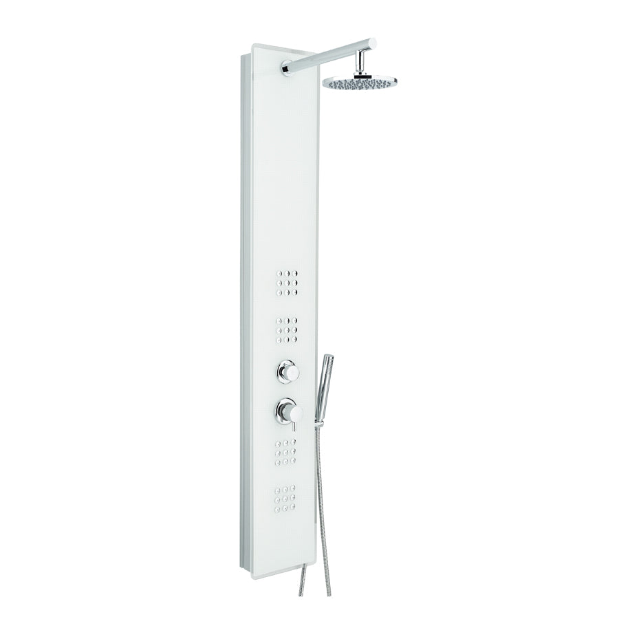 Parete doccia idroterapica multifunzione modello Crystal in vetro temperato e Pvc. Con soffione doccia, doccetta e getto orizzontale. Colore Bianco by CeramicStore | Lo specialista del tuo bagno