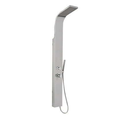 Parete doccia multifunzione modello Loira in acciaio inox spazzolato. Con soffione doccia, doccetta e getto orizzontale. by CeramicStore | Lo specialista del tuo bagno