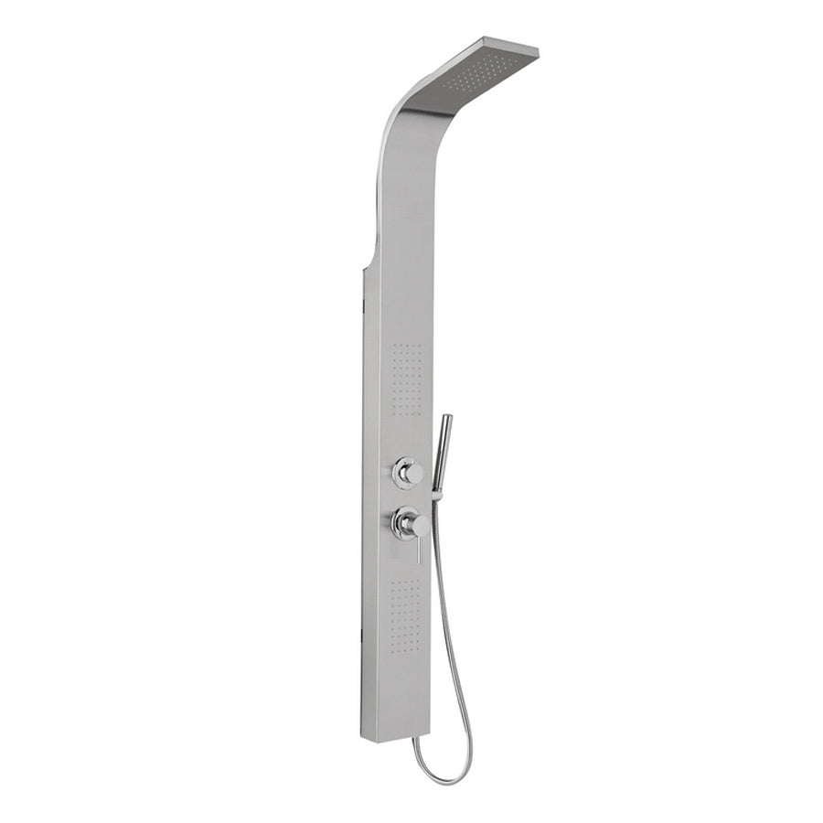 Parete doccia multifunzione modello Loira in acciaio inox spazzolato. Con soffione doccia, doccetta e getto orizzontale. by CeramicStore | Lo specialista del tuo bagno