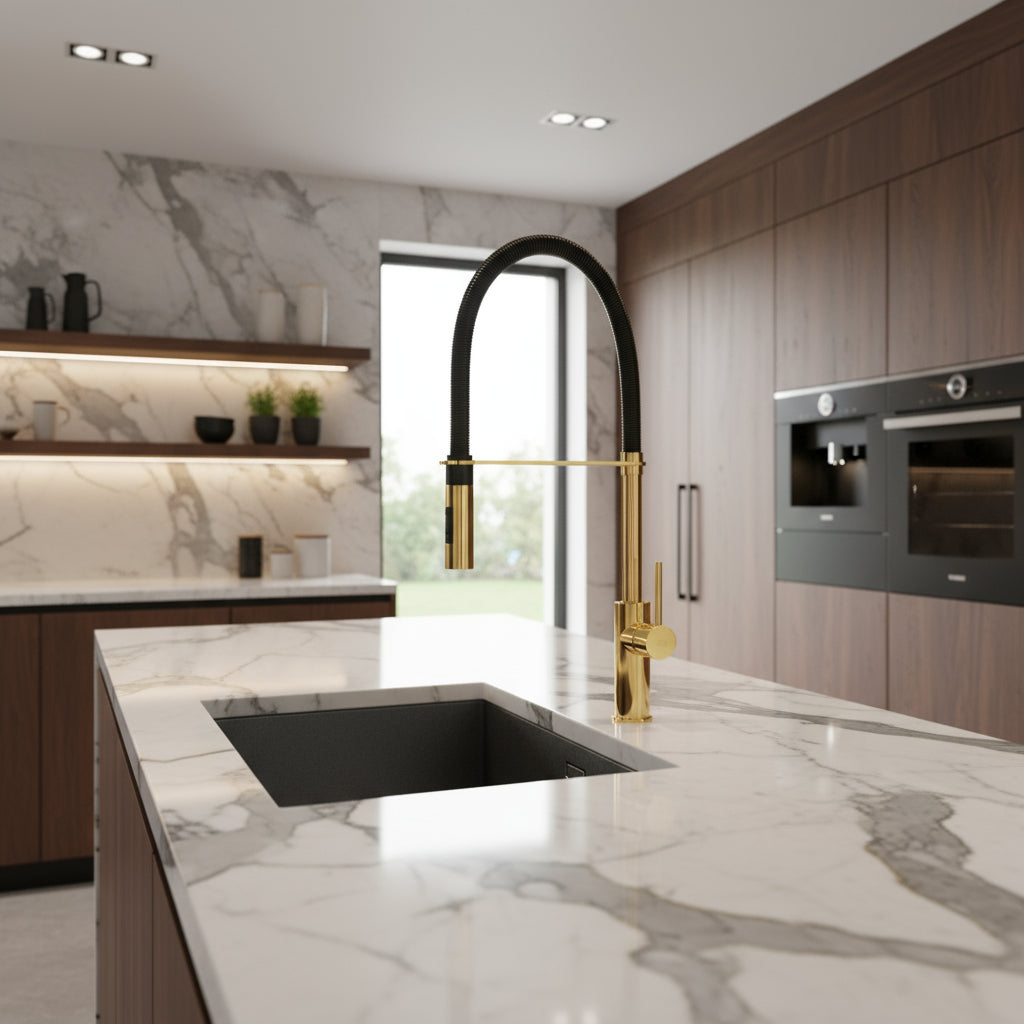 Miscelatore alto per lavabo cucina Paffoni Light Exclusive Edition. In ottone con rifinitura Honey Gold e doccia in ABS Colore Nero Opaco by CeramicStore | Lo specialista del tuo bagno