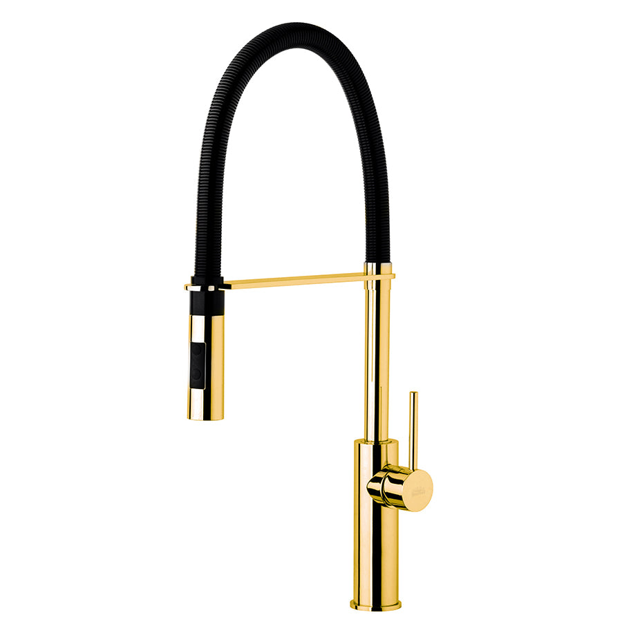 Miscelatore alto per lavabo cucina Paffoni Light Exclusive Edition. In ottone con rifinitura Honey Gold e doccia in ABS Colore Nero Opaco by CeramicStore | Lo specialista del tuo bagno