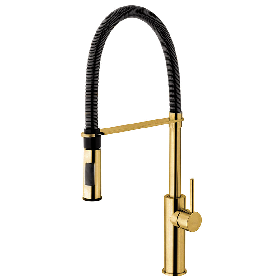 Miscelatore lavello alto in ottone con speciale rifinitura Honey Gold Spazzolato. Doccia in Abs colore Nero Opaco. Paffoni Light Exclusive Edition by CeramicStore | Lo specialista del tuo bagno