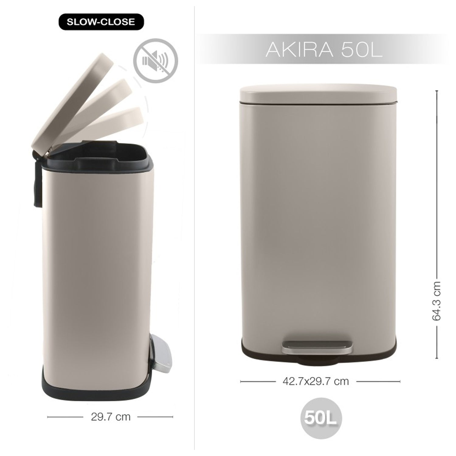 Pattumiera da cucina a pedale capacità  50L modello Akira - Tortora Opaco