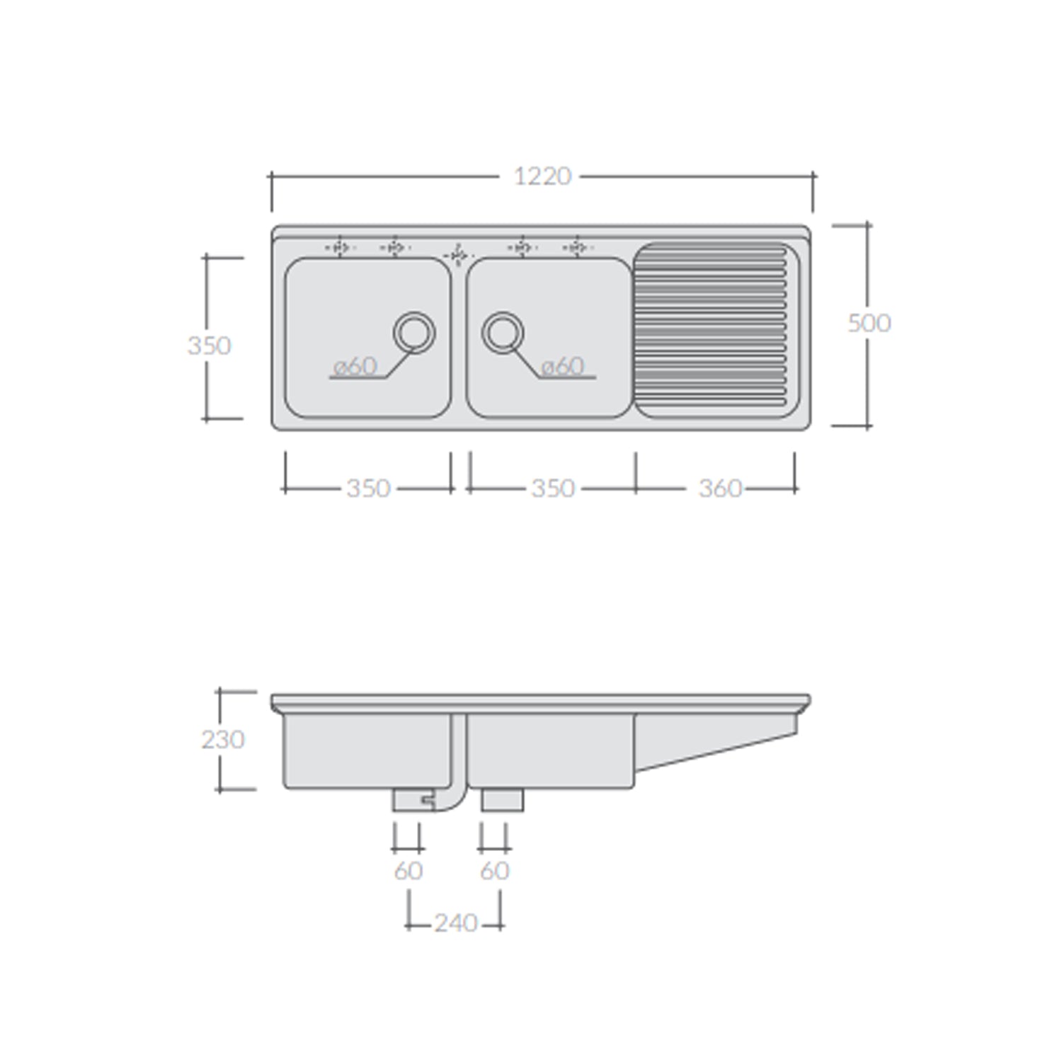 Lavello da cucina in ceramica a 2 vasche e sgocciolatoio a destra 122x50 cm