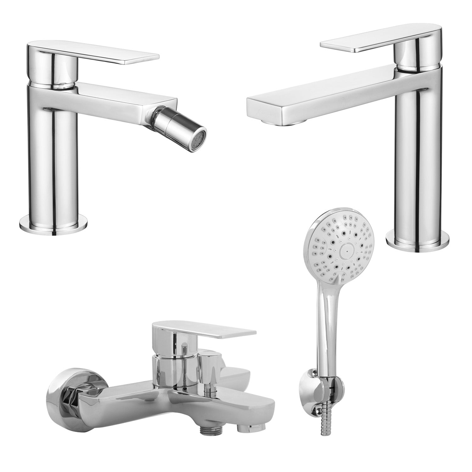 Composizione di miscelatori per lavabo, bidet e vasca con doccino Ottomix cromato by CeramicStore | Lo specialista del tuo bagno