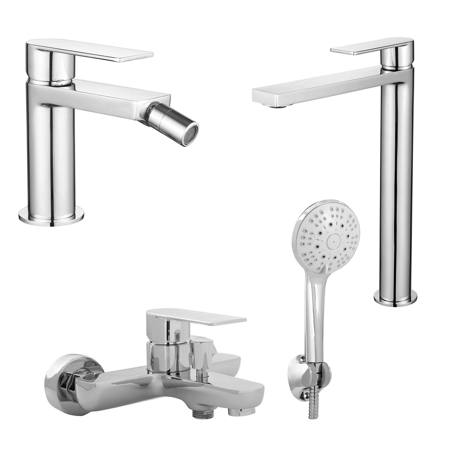 Composizione di miscelatori per lavabo alto, bidet e vasca con doccino Ottomix cromato by CeramicStore | Lo specialista del tuo bagno