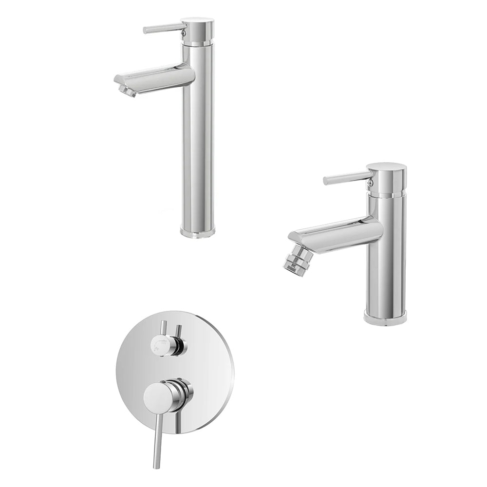 Kit miscelatore lavabo alto + bidet + doccia a due vie  RubiFlux serie Paris Modello Brillant in acciaio inox, con piletta clic-clac - Cromato