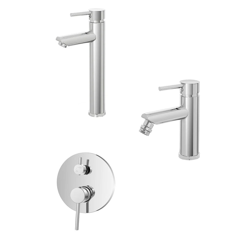 Kit miscelatore lavabo alto + bidet + doccia a due vie  RubiFlux serie Paris Modello Brillant in acciaio inox, con piletta clic-clac - Cromato
