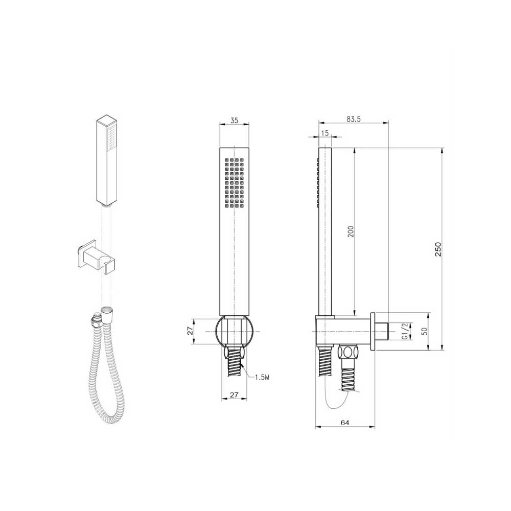 Pratico kit doccia, con punto acqua rettangolare. Doccetta quadrata anticalcare e flessibile PVC Argento 150 cm by CeramicStore | Lo specialista del tuo bagno