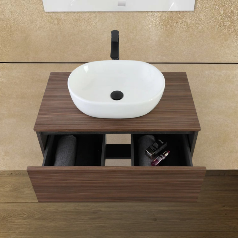 Mobile Bagno Sospeso 80 Cm Un Cassetto Specchio a Filo 80x60 Cm Ossido Grigio/Noce Canaletto Cubi&Co collezione Mood