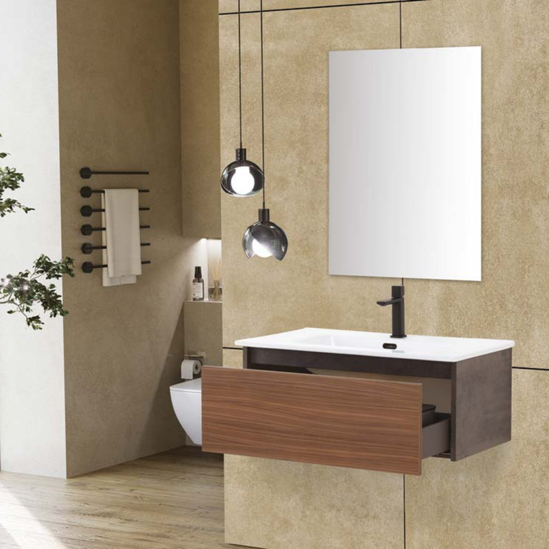 Mobile Bagno Sospeso 80 Cm Un Cassetto Specchio a Filo 80x60 Cm Ossido Grigio/Noce Canaletto Cubi&Co collezione Urban