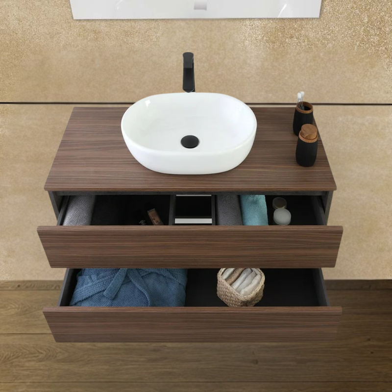 Mobile Bagno Sospeso 100 Cm Due Cassetti Specchio a Filo 80x60 Cm colore Ossido Grigio/Noce Canaletto