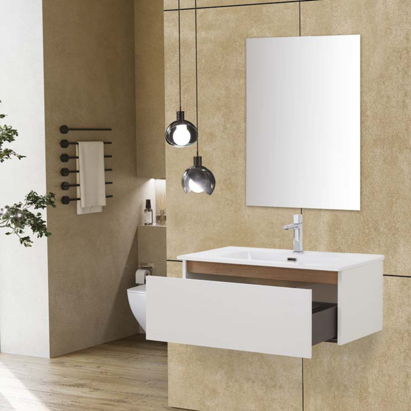 Mobile Bagno Sospeso 80 Cm Un Cassetto Specchio a Filo 80x60 Cm Bianco Frassinato/Rovere Cubi&Co collezione Urban