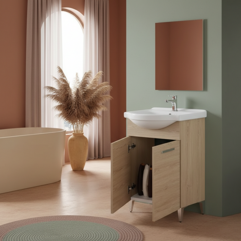 Mobile Bagno a Terra 55 Cm Due Ante Specchio 48x73 Cm Cubi&Co "Stella" Rovere Dolomite