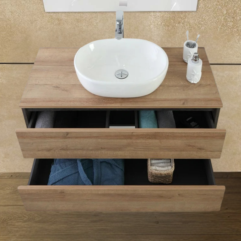 Mobile Bagno Sospeso 80 Cm Due Cassetti Specchio a Filo 80x60 Cm colore Ossido Grigio/Rovere Riviera