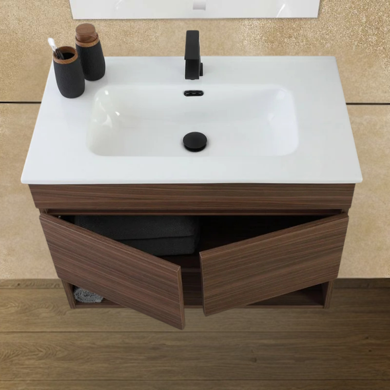 Mobile Bagno Sospeso 80 Cm Due Ante Vano a Giorno Specchio a Filo 80x60 Cm finitura Noce Canaletto
