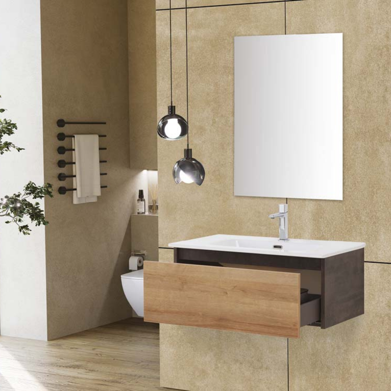 Mobile Bagno Sospeso 80 Cm Un Cassetto Specchio a Filo 80x60 Cm Ossido Grigio/Rovere Riviera Cubi&Co collezione Urban