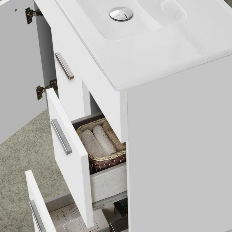 Mobile Bagno a Terra 80 Cm Due Ante Due Cassetti Specchio Con Lampada Led 62x78,5 Cm Bianco Lucido Cubi&Co collezione Frame