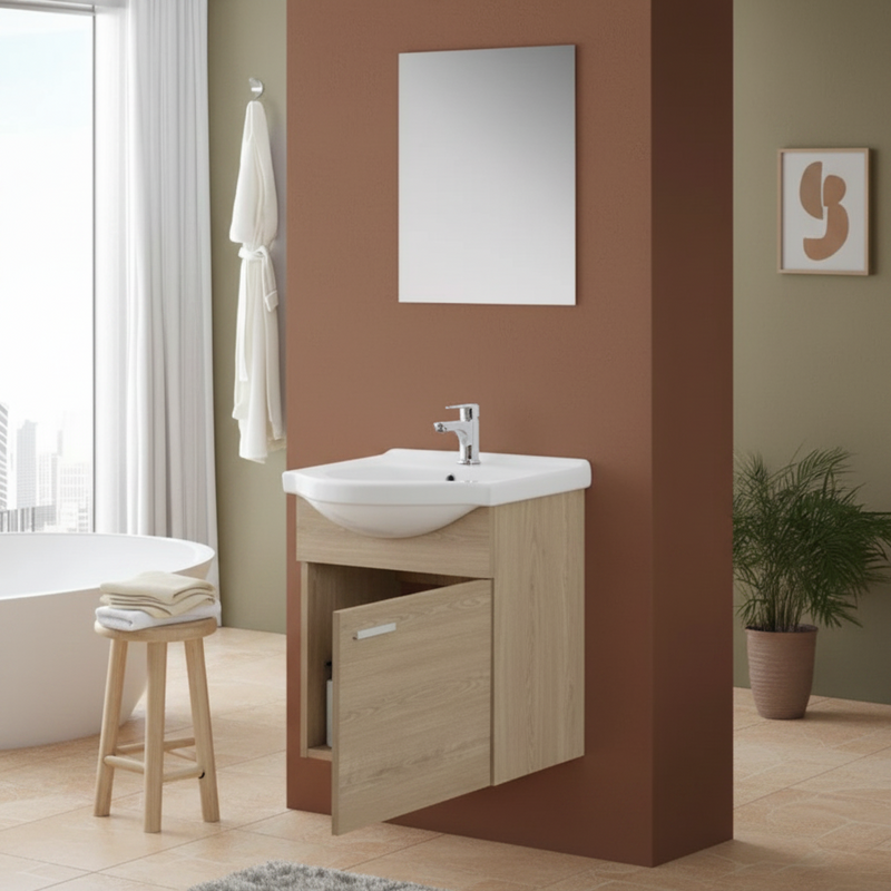 Mobile Bagno Sospeso 55 Cm Un'Anta Specchio 48x57 Cm Cubi&Co"Stella" Rovere Dolomite