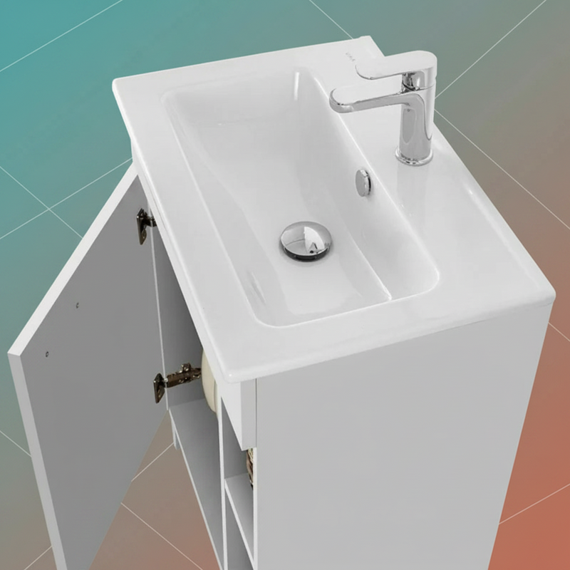 Mobile Bagno a Terra 60 Cm Un'Anta Con Vano a Giorno Specchio Su Telaio Con Lampada Led 50x70 Cm Cubi&Co  "Small" Bianco Lucido